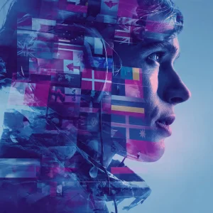 Ilustrasi digital avatar berbicara berbagai bahasa menggunakan teknologi AI untuk video pemasaran.